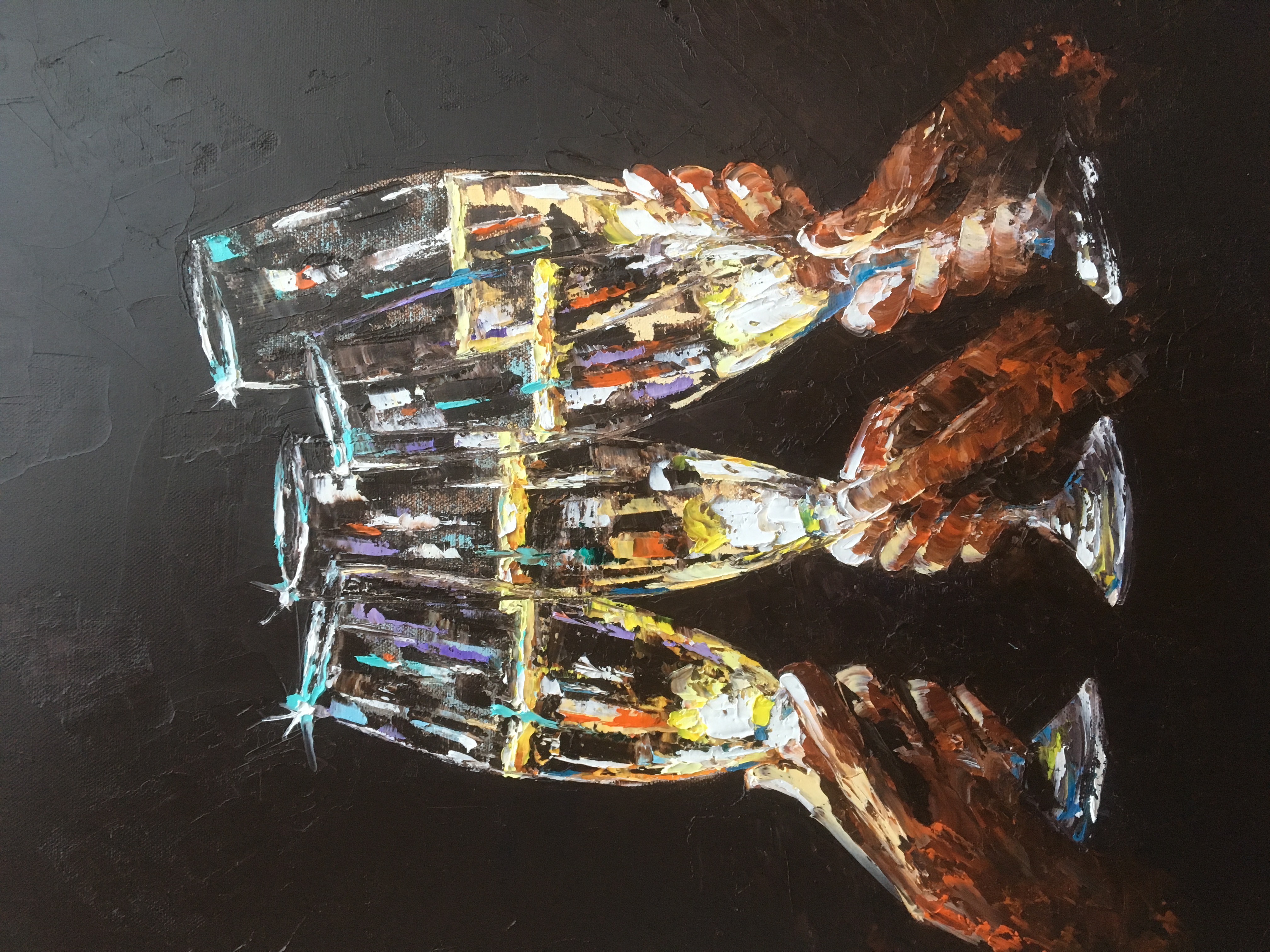 'Sante' Glasses of Champagne, painted in oil paint with palette knives.