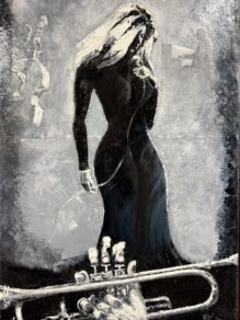 PEARL'S A SINGER,A MONOCHROME PALETTE KNIFE PAINTING OF COOL JAZZ IN OIL PAINT.